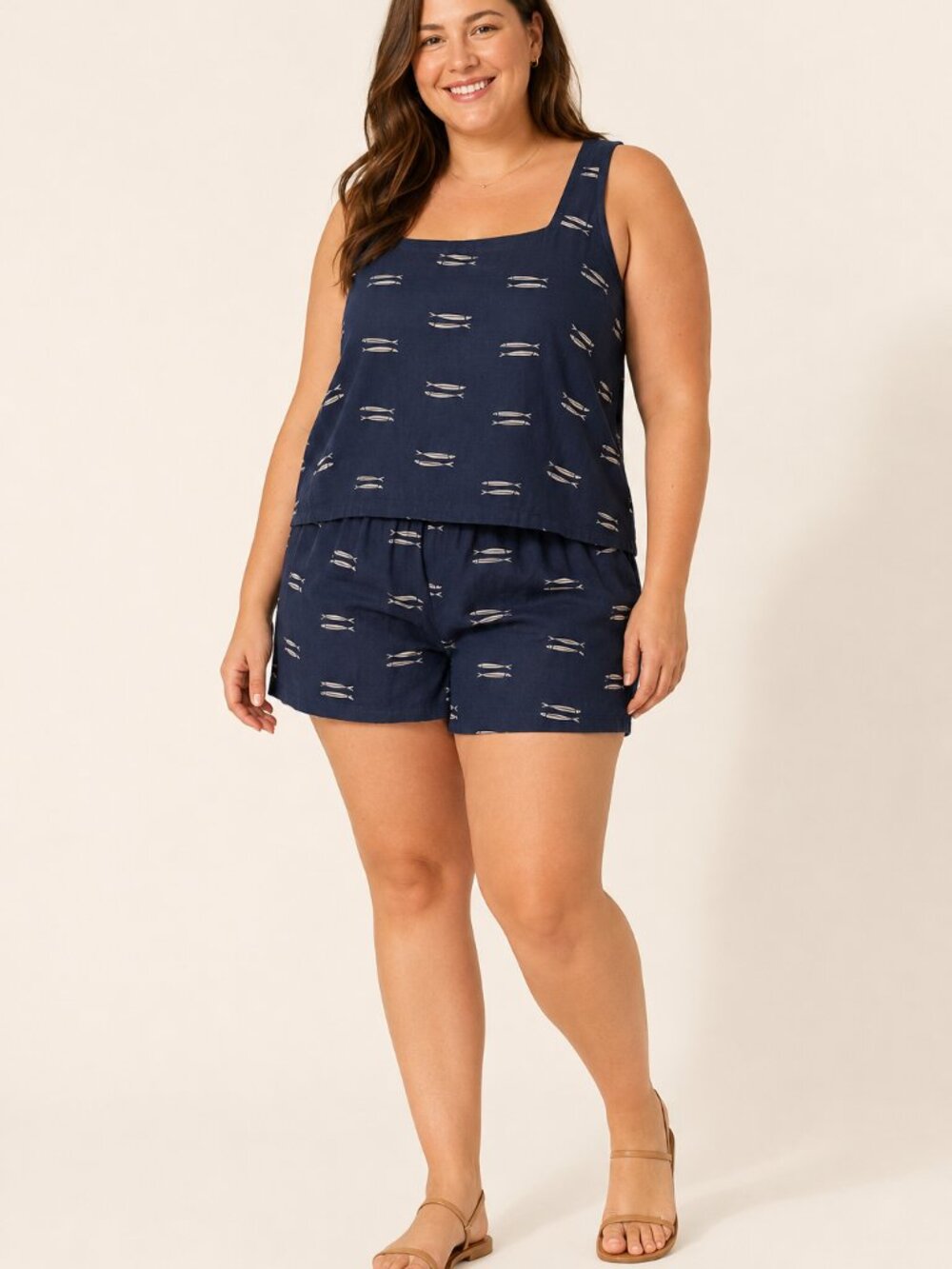 A New Day Sardine Print Linen Blend Tank Shorts Set XL Navy Fish 2 Piece